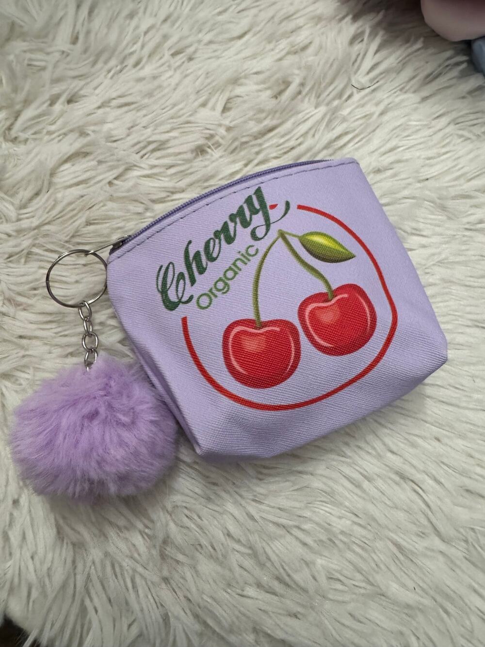 Purple cherry coin purse Pompom keychain red cherries graphic 'Cherry Organic'